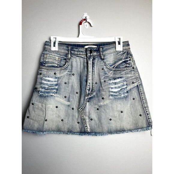Forever21 Distressed Studded Denim Mini Skirt Womens 26 Grunge Alternative - Picture 4 of 9